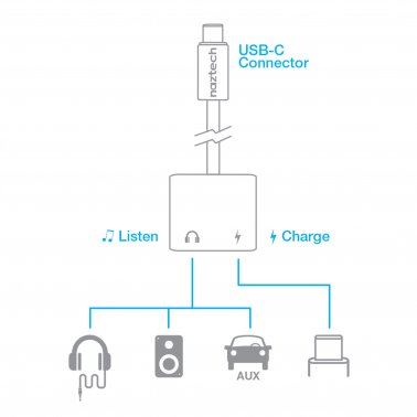 Naztech Black USB-C + 3.5mm Audio + Charge Adapter